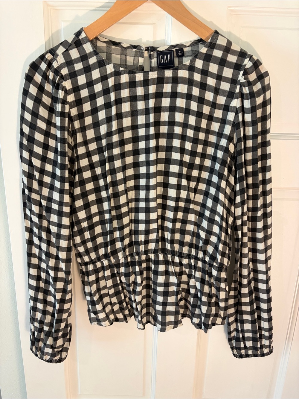 GAP Black and White Gingham Peplum Long-Sleeve Blouse
